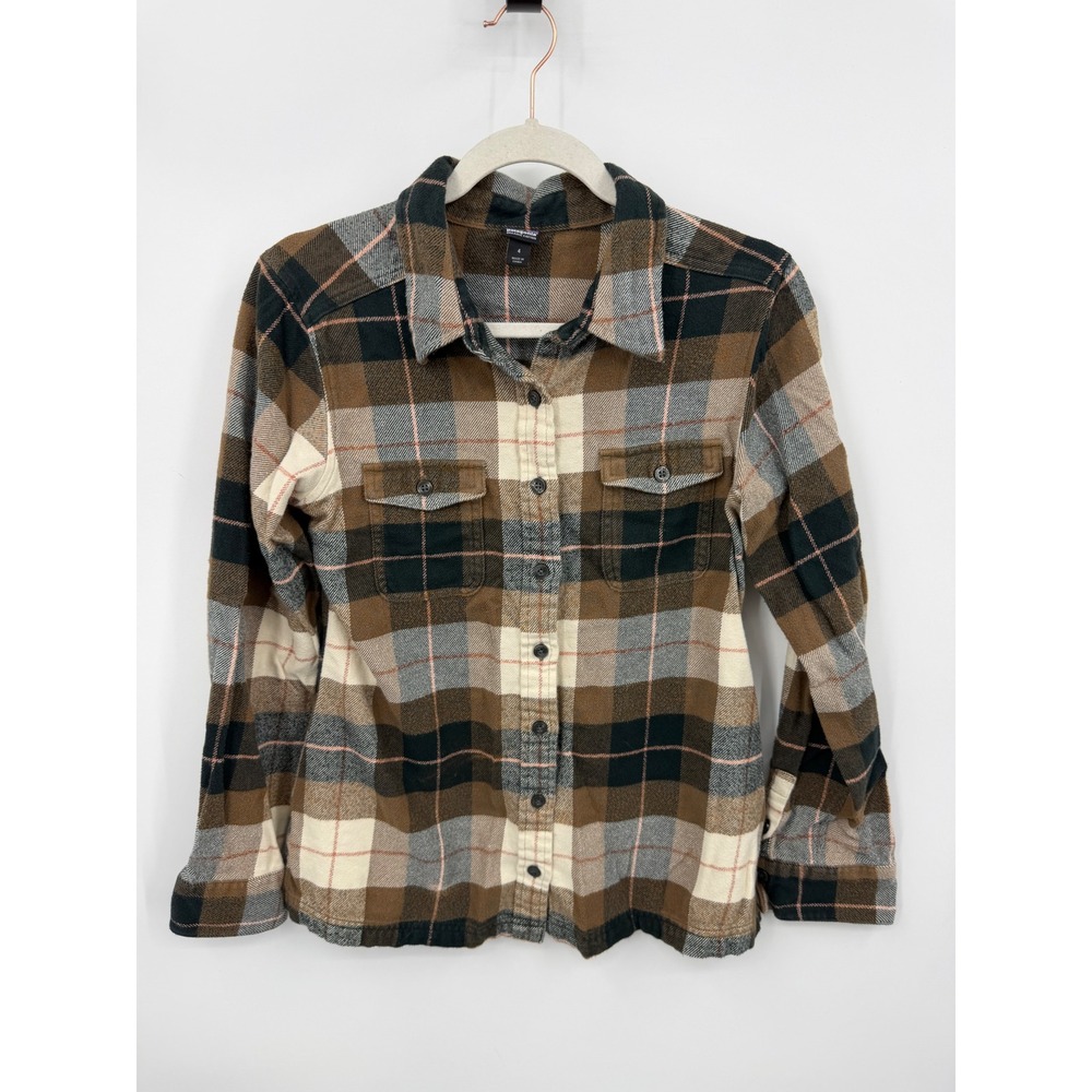 Patagonia Fjord Flannel Shirt Women 4 Brown Plaid Organic Cotton Button Down